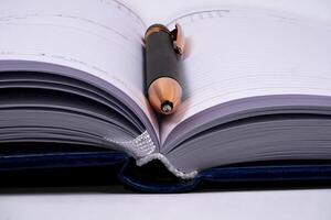 Open planner with a pen resting on the pages for organization tasks photo