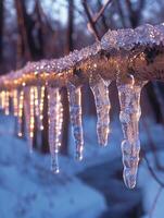 Frozen icicles hanging from a branch photo