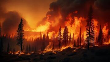 Night fire in the forest with fire and smoke.Epic aerial photo of a smoking wild flame.A blazing,glowing fire at night.Forest fires.Dry grass is burning. climate change,ecology.Line fire in the dark