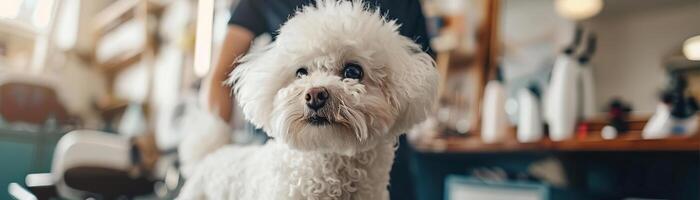 Bichon Frise at a dog grooming salon, being pampered by a professional groomer in a clean, wellequipped setting, capturing the fluffy dogs grooming session photo