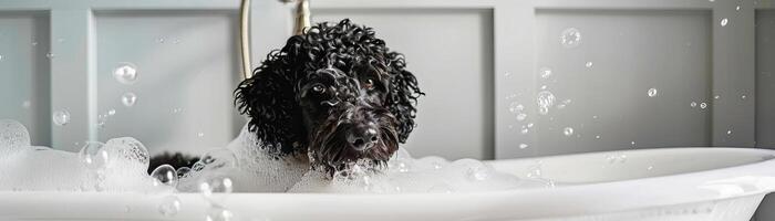 black goldendoodle in white Cambridge cast iron doubleended clawfoot tub photo