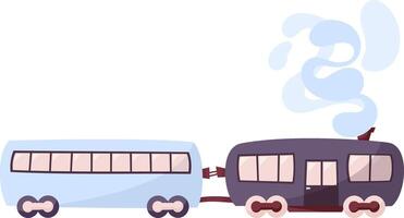 Hand draw trains with two carriages and smoke isolated on white. illustration in retro style.Travelling on train. Single modern train. Railroad transport. Flat syle.Tourism. vector