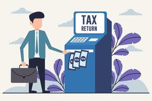 Tax Return Illustration, Business Professional Using Automated Machine for Refund vector
