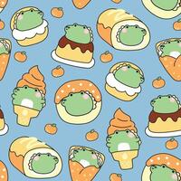 Seamless pattern of cute fat crocodile in dessert and sweet bakery concept with orange background.Ice cream,crepe,roll cake,donut,pudding.Reptile animal character cartoon.Kawaii.Illustration. vector