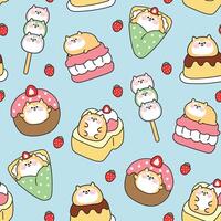 Seamless pattern of cute fat shiba inu dog in dessert and sweet bakery concept with strawberry background.Ice cream,crepe,donut,honey toast,dango,pudding.Japanese pet animal character cartoon.Kawaii. vector