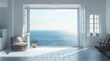AI-Generated White luxury hotel apts.Stone outdoor terrace with sea or ocean view.Clear blue sky sun glare on the water.Minimalistic template for your advertisement room with window free space photo