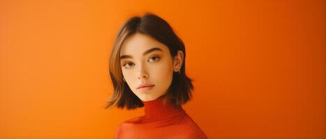 Beautiful girl on an orange background. The girl in orange. . photo