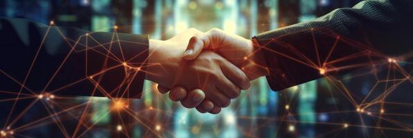 Business networking concept with focus on customer support. A handshake that symbolizes cooperation and partnership between enterprises. . photo