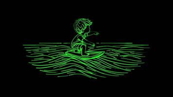 Neon frame effect, child surfing on a surfboard, glow, black background. video