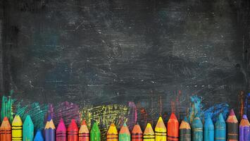 Colorful Crayons on Blackboard Background with Artistic Chalk Marks and Patterns photo