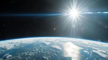 Stunning View of Earth from Space with Shining Stars and Blue Atmosphere photo