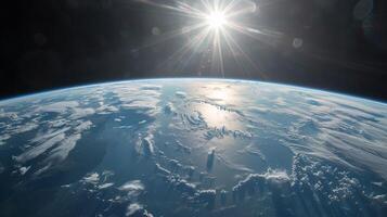 Stunning View of Earth from Space with Shining Stars and Blue Atmosphere photo