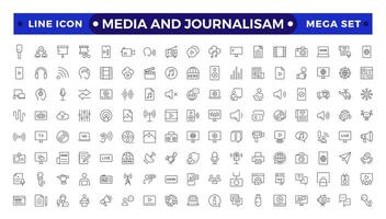 Journalism and mass media outline icon set. Containing microphone, journalist, press conference, newspaper social networks, public communication, and networking. vector