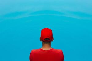 Lifeguard in a red cap stands at the edge of a calm blue waterpool, ready for duty photo