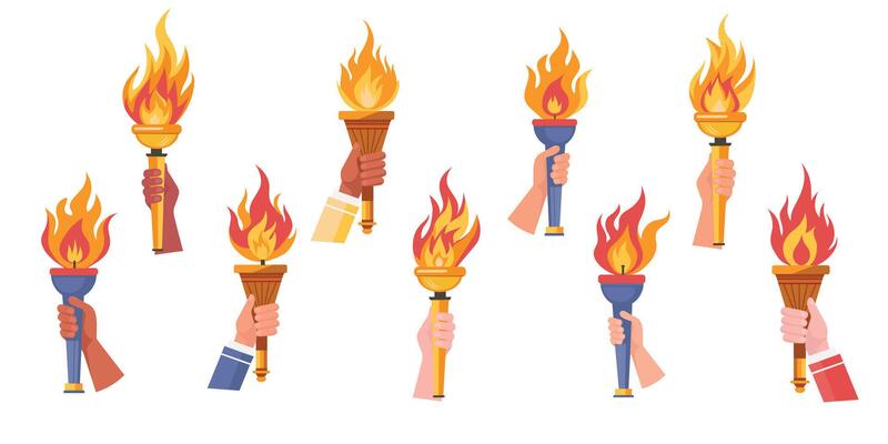 Torch in hand set. Flaming torchs.Sport fire sign. Competitions, athletic, champion, sports game or freedom torches with flames icon.