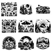 camp illustration of a camper's paradise, with trees, mountains, and a camp car black vector
