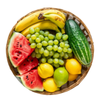 A basket of fruits, banana, green grapes, lichi, lemon, cucumber png