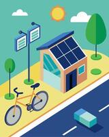A busy city street corner with a solar charging station installed next to a bike sharing hub for commuters to conveniently charge their ebikes while on the go.. illustration. vector