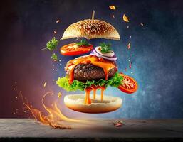 Burger with flying elements in the colorful background for banner photo