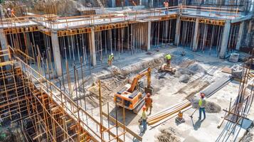 Construction workers and engineers working on high.Heavy industry and Safety at Work concept. photo