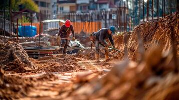 Construction workers and engineers working on high.Heavy industry and Safety at Work concept. photo