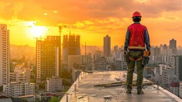 Construction workers and engineers working on high.Heavy industry and Safety at Work concept. photo