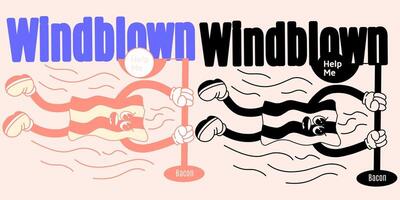 A 60s-style illustration of a bacon mascot who, despite being thin and easily blown away by the wind, refuses to give up and clings tightly to an iron pole to avoid being swept away. vector