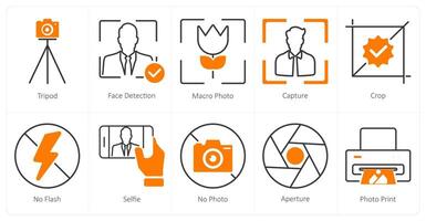 A set of 10 photography icons as tripod, face detection, macro photo vector