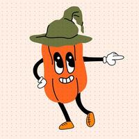 Halloween illustration. Groovy cartoon style pumpkin character in witch's hat. Retro style Jack Olantern. Vintage pumpkin on isolated background. Anthropomorphic pumpkin character with arms and legs vector