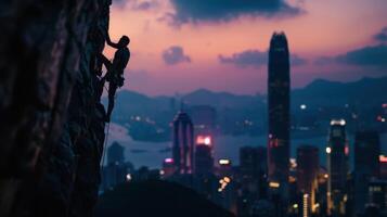 a man climbing up a mountain at dusk with the city in the background photo