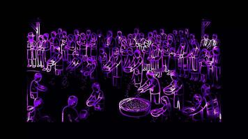Glowing looping Rosh Hashanah day People participating in the Tashlich ceremony by a body of water. shapes neon frame effect, black background. video