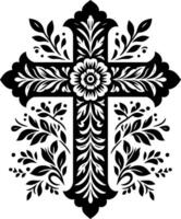 Cross decorative Floral design Silhouette Motif Pattern, Holy cross with Flower design elements sihloette pattern black and white vector