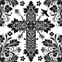 Cross decorative Floral design Silhouette Motif Pattern, Holy cross with Flower design elements sihloette pattern black and white vector