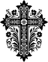 Cross decorative Floral design Silhouette Motif Pattern, Holy cross with Flower design elements sihloette pattern black and white vector