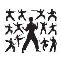 Silhouette of people isolated on white background. Wushu, kung fu, Taekwondo, Aikido. Sports positions. Design elements and icons. illustration. Set vector