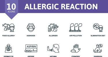 Allergic Reaction icon set. Monochrome simple Allergic Reaction icon collection. Food Allergy, Adenoids, Allergen, Air Pollution, Elimination Diet, Dermatitis, Aspirin, Asthma, Cyanosis, Diarrhea icon vector