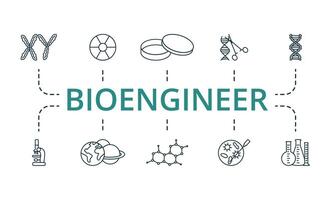 Bioengineer icon set. Monochrome simple Bioengineer icon collection. Chromosome, Nuclear, Petri Cup, Genetic Engineering, Dna, Microscope, Planetology, Molecular Structure, Bacteriology, Chemical vector
