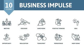Business Impulse icon set. Monochrome simple Business Impulse icon collection. Meeting, Discover, Hard Work, Positive Thinking, Idea, Opportunity, Realization, Team Spirit, Persistence, Keep Going vector