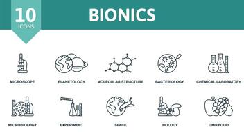 Bionics icon set. Monochrome simple Bionics icon collection. Microscope, Planetology, Molecular Structure, Bacteriology, Chemical Laboratory, Microbiology, Experiment, Space, Biology, Gmo Food icon vector