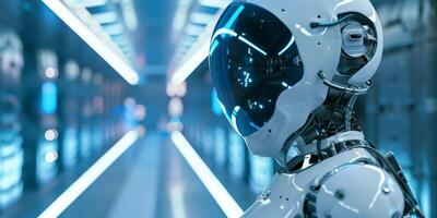 Robot in Sci fi tonnel. Concept of future. 3d rendering. photo