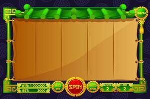 The game user interface is cartoon-style with basic buttons for your designs. Casino slot machine game UI design for the Chinese-themed Casino Game. vector