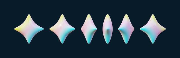 3D colorful star sparkle emoji set. Adorable shiny star shaped objects perfect for magic-themed designs. Party confetti elements. vector