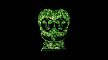 Glowing looping New Year Day Statue of Janus, the Roman god. neon frame effect, black background. video