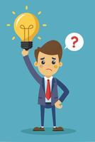 Bad Idea Leads to Failure, Confused Businessman Doubts Evil Lightbulb, Symbolizing Rejected and Negative Opinions vector