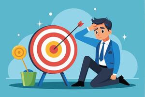 Archery Failure, Disappointed Businessman Misses Target, Losing Opportunities and Facing Despair vector