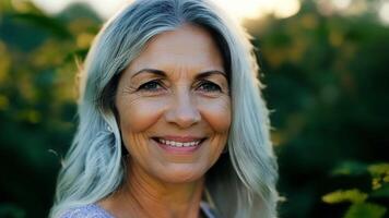 In a serene natural setting a woman with silver hair glows with a sense of inner strength and empowerment embracing her true self.. video