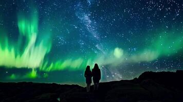 People in the Northern Lights, Winter landscape with polar weather in Arctic, video