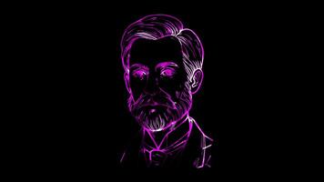 Glowing looping world world ocean Day portrait of Henry Dunant. neon frame effect, black background. video