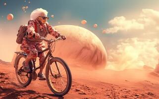 A futuristic depiction shows an elderly woman cycling across the surface of the moon, blending imagination, exploration, and the concept of space-age transportation.Generated image photo