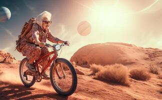 A futuristic depiction shows an elderly woman cycling across the surface of the moon, blending imagination, exploration, and the concept of space-age transportation.Generated image photo